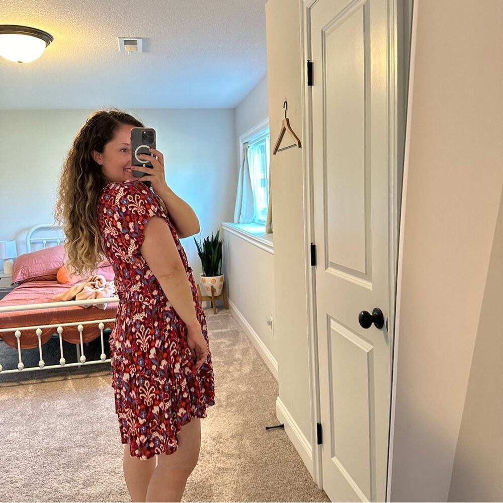 Anthropologie Red Burgundy Ikat Floral Mini Dress Small - Picture 3 of 11